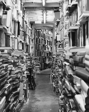 Literatur & Theater Bild: Bücherregale und Bücherstapel