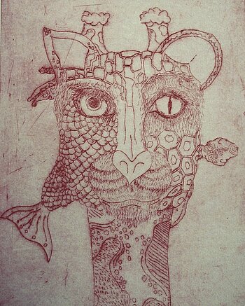 Bild: Löwenfisch rot Radierung