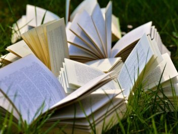 Aufgeschlagene Bücher auf einer Wiese